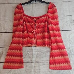 Chelsea & Violet L Woven Ally Tie Front Flame Long Sleeve Crochet Top NWT 1171